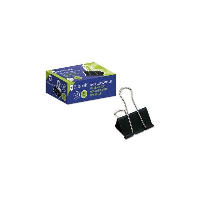 Bismark Pack de 12 Pinzas Sujetapapeles Metalicas de 25mm - Pala Abatible - Color Negro