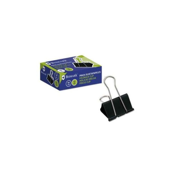 Bismark Pack de 12 Pinzas Sujetapapeles Metalicas de 19mm - Pala Abatible - Color Negro