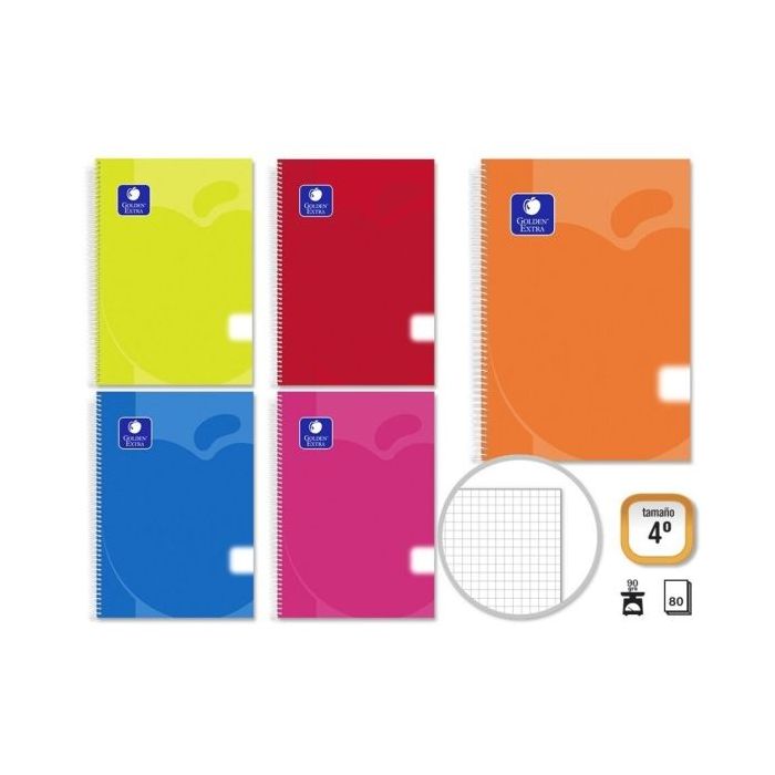 Golden Pack de 5 Cuadernos Espiral 80 Hojas 90gr Cuadricula - Tamaño 4º - Tapa de Polipropileno - Colores Surtidos