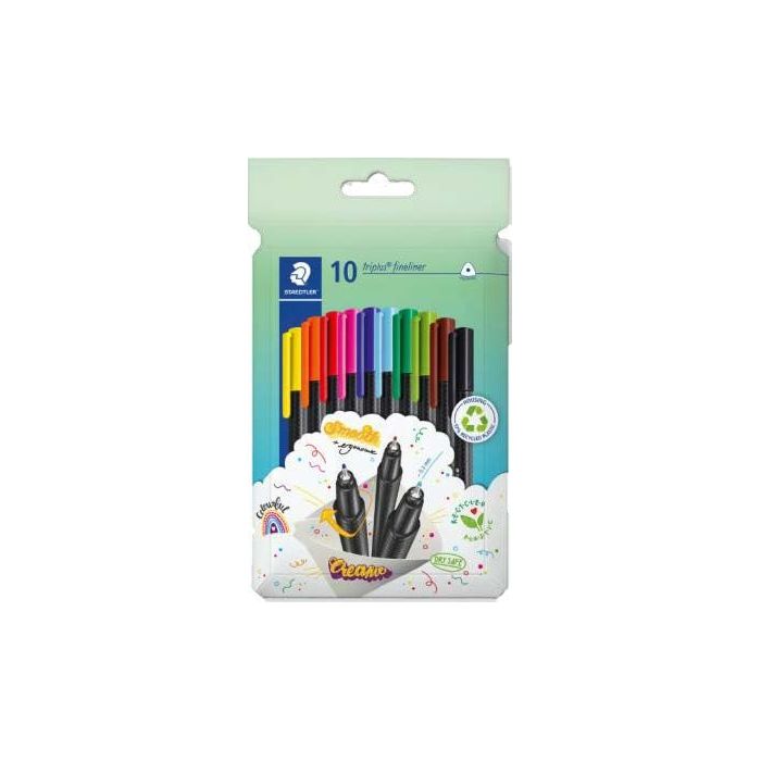 Staedtler Triplus Fineliner 334 Pack de 10 Rotuladores de Punta Fina en Envase de Carton - Trazo de 0.3mm Aprox - Diseño Ergonomico - Tinta Base de Agua - Colores Surtidos