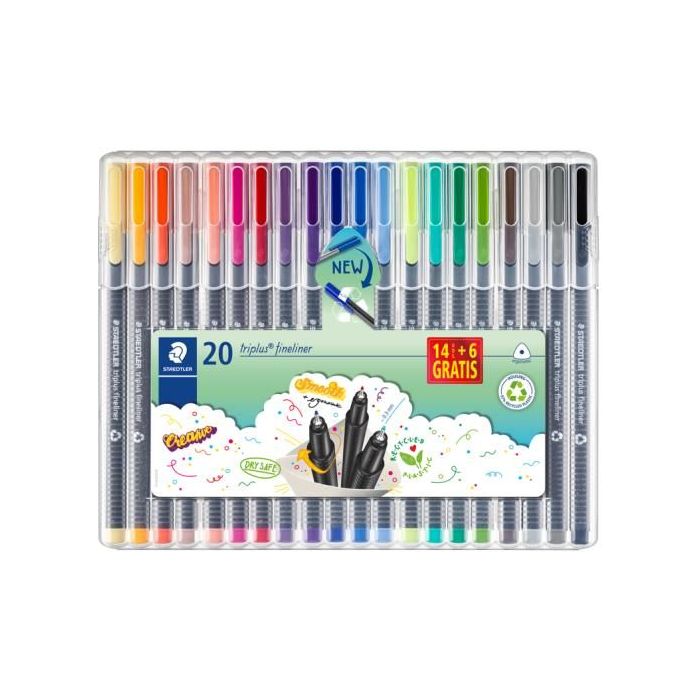 Staedtler Triplus Fineliner 334 Pack de 20 Rotuladores de Punta Fina - Trazo 0.3 mm Aprox - Tinta Base de Agua - Colores Surtidos
