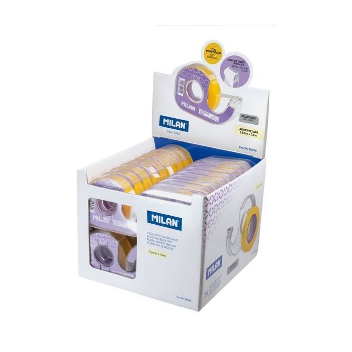 Milan Expositor de 36 Cintas Adhesivas Transparentes con Dispensador - Medidas 12mm x 33m - Color Amarillo Transparente