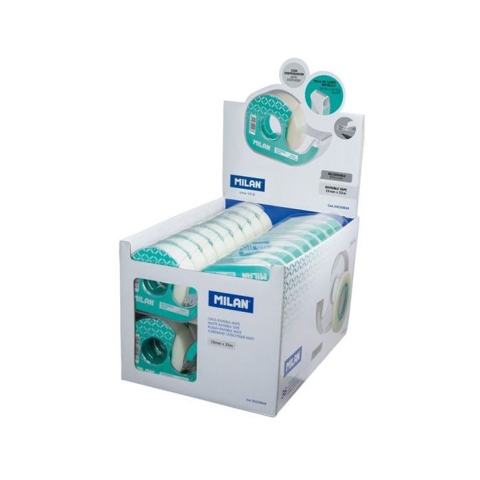 Milan Expositor de 36 Cintas Adhesivas Invisibles con Dispensador - Medidas 19mm x 33m - Color Transparente Mate
