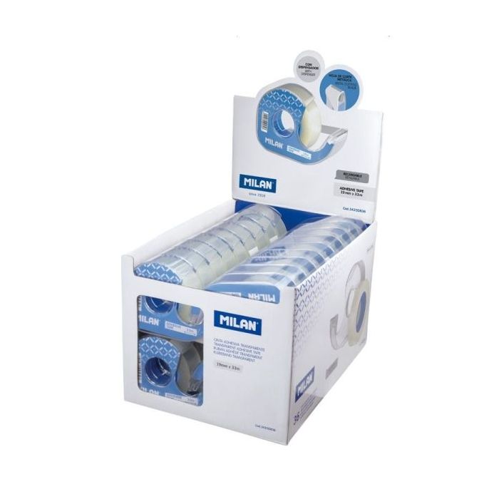 Milan Expositor de 36 Cintas Adhesivas Transparentes con Dispensador - Medidas 19mm x 33m - Color Transparente Brillante