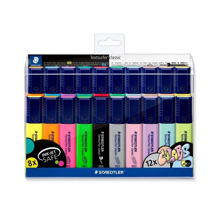 Staedtler Textsurfer Classic 364 Pack de 20 Marcadores Fluorescentes - Punta Biselada 1 - 5mm Aprox - Secado Rapido - Colores Surtidos