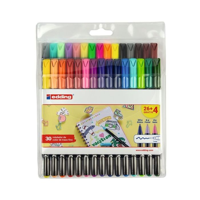 Edding 1200 Pack de 30 Rotuladores - Punta Redonda - Tinta con Base de Agua - Colores Clasicos, Neon y Pastel Surtidos