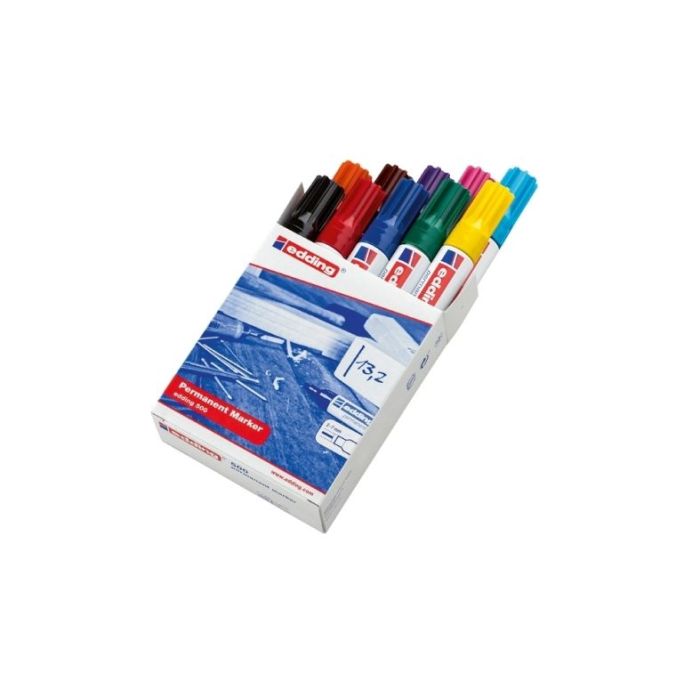 Edding 500 Pack de 10 Rotuladores Permanentes - Punta Biselada - Trazo entre 2 y 7mm - Recargable - Secado Instantaneo - Colores Surtidos