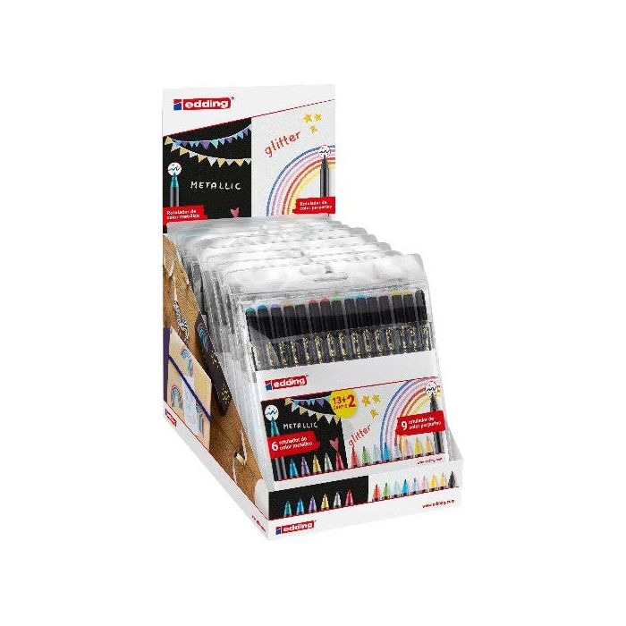 Edding 1200 Expositor con 15 Packs de 15 Rotuladores - Punta Redonda - Tinta con Base de Agua - Colores Metalicos y Purpurina Surtidos