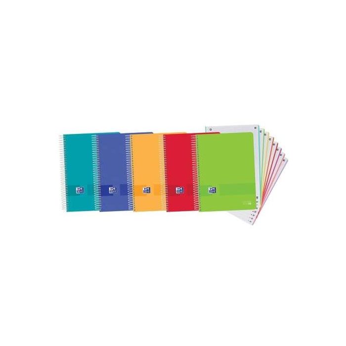 Oxford Europeanbook 8 Live & Go Pack de 5 Cuadernos Espiral Formato A4+ Cuadriculado 5x5mm - 160 Hojas Microperforadas con 4 Taladros - Tapa de Plastico - 8 Bandas de Color - Colores Surtidos