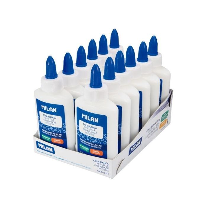 Milan Expositor con 12 Botes de Cola Blanca 100gr - Lavable y sin Disolventes - Ideal para Uso Escolar y Manualidades - Transparente al Secarse
