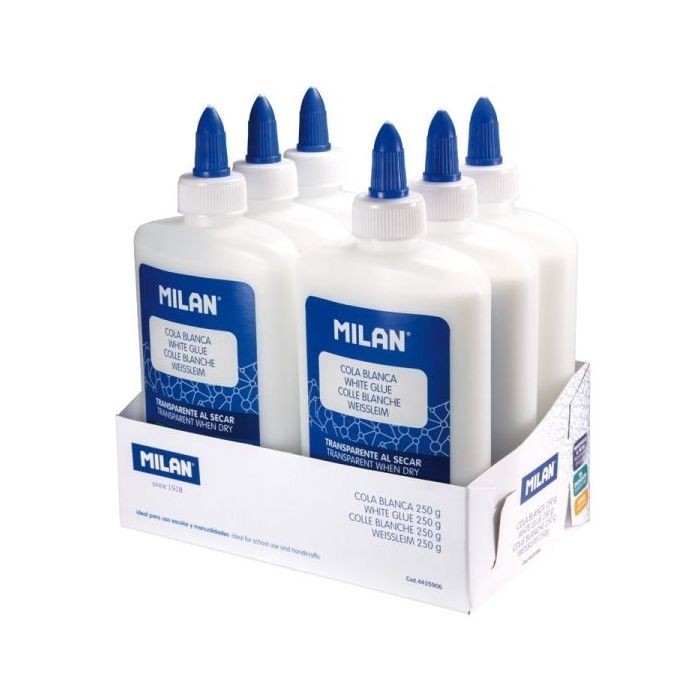 Milan Expositor con 6 Botes de Cola Blanca 250gr - Lavable y sin Disolventes - Ideal para Uso Escolar y Manualidades - Transparente al Secarse