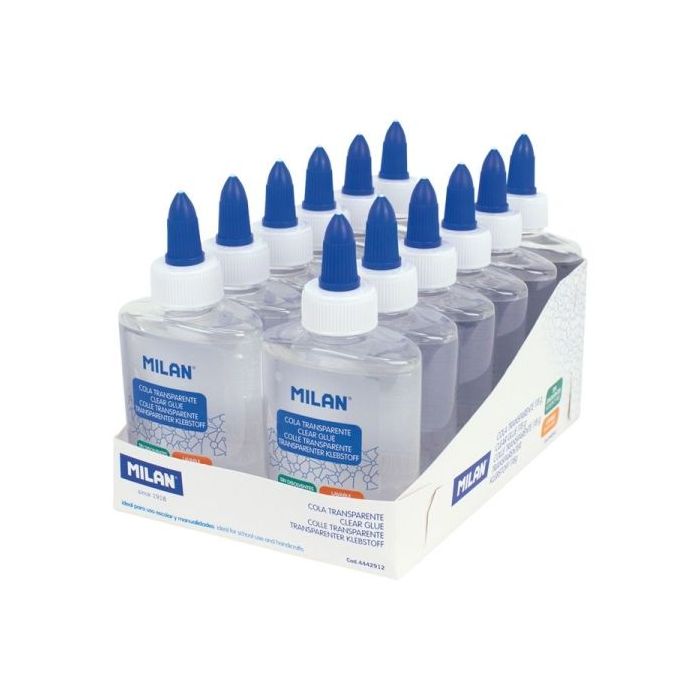 Milan Expositor con 12 Botes de Cola Transparente 118gr - Lavable y sin Disolventes - Ideal para Uso Escolar y Manualidades