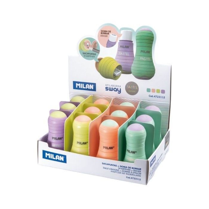 Milan Sway Pastel Expositor de 12 Afilaborras con Goma de Borrar - Sacapuntas Con Deposito y Cuchilla de Seguridad - Colores Surtidos