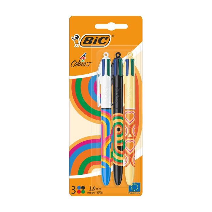 Bic 4 Colours Decors Pack de 3 Boligrafos de Bola Retractil - Punta Media de 1.0mm - Tinta con Base de Aceite - 4 Colores