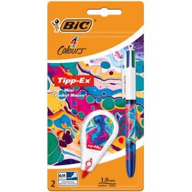 Bic 4 Colours Decors Hydro Pack de 1 Boligrafo de Bola Retractil + Corrector Pocket Mouse 5mmx6m - Punta Media de 1.0mm - Tinta con Base de Aceite - 4 Colores