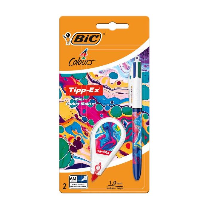 Bic 4 Colours Decors Hydro Pack de 1 Boligrafo de Bola Retractil + Corrector Pocket Mouse 5mmx6m - Punta Media de 1.0mm - Tinta con Base de Aceite - 4 Colores