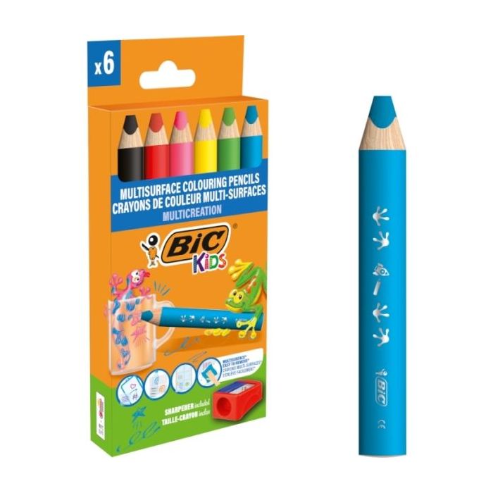 Bic Kids Multisuperficie Pack de 6 Lapices de Colores + Sacapuntas - Cuerpo Triangular - Minas Borrables en Superficies No Porosas - Colores Surtidos