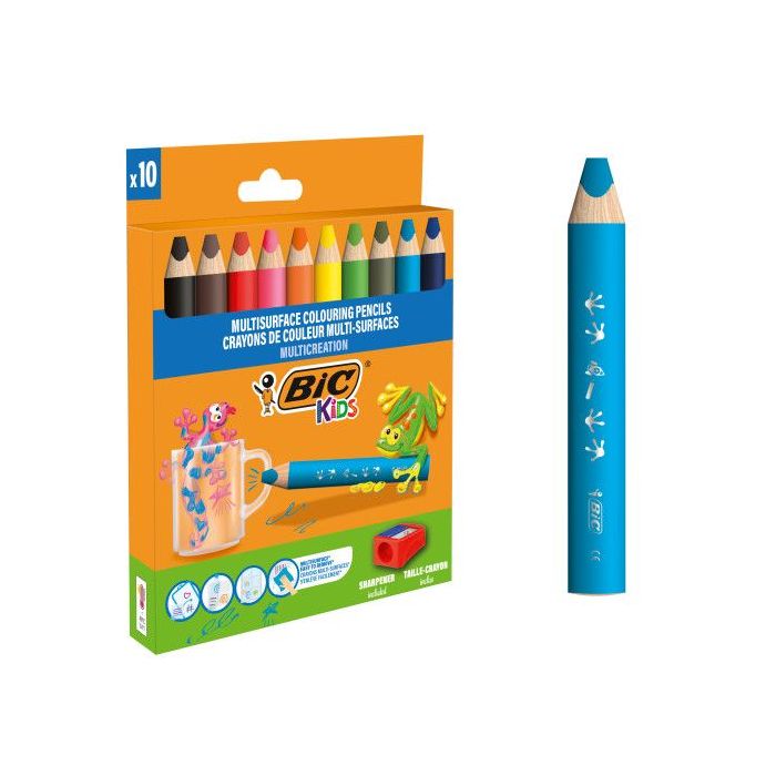 Bic Kids Multisuperficie Pack de 10 Lapices de Colores + Sacapuntas - Cuerpo Triangular - Minas Borrables en Superficies No Porosas - Colores Surtidos