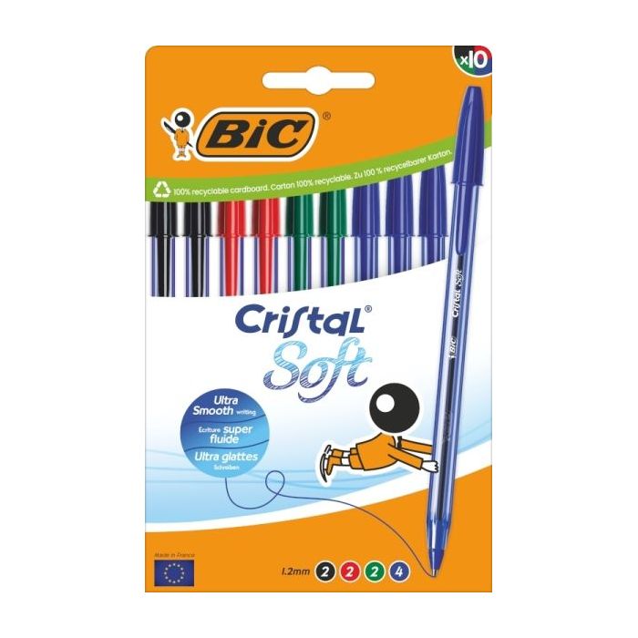 Bic Cristal Soft Pack de 10 Boligrafos de Bola - Punta Media de 1.2mm - Trazo 0.45mm - Escritura mas Fluida - Colores Surtidos