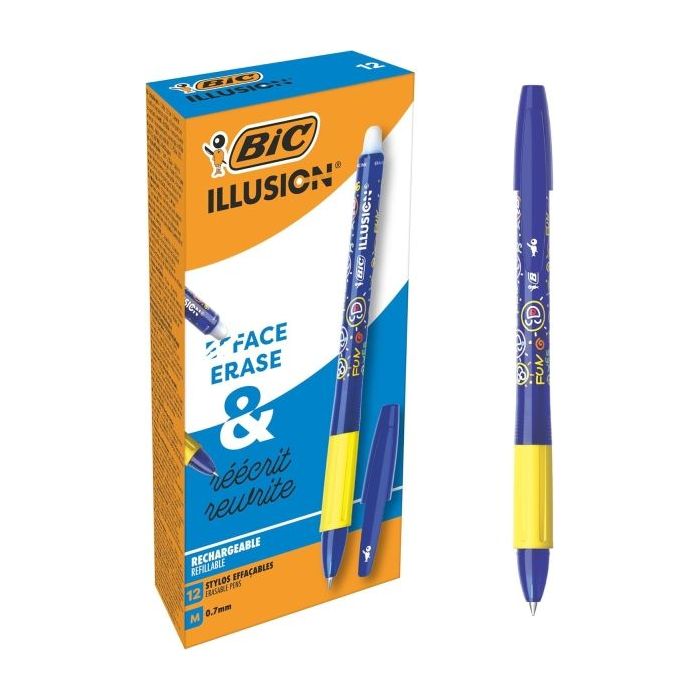 Bic Illusions Boligrafo Borrable - Punta Media de 0.7mm - Grip de Goma - Recargable - Color Azul