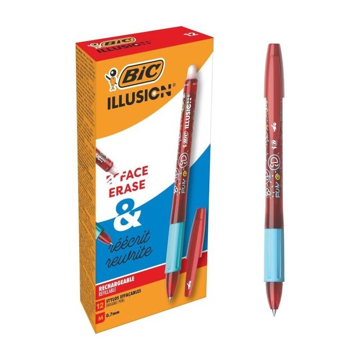 Bic Illusions Boligrafo Borrable - Punta Media de 0.7mm - Grip de Goma - Recargable - Color Rojo