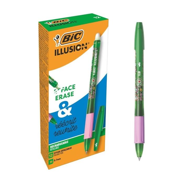 Bic Illusions Boligrafo Borrable - Punta Media de 0.7mm - Grip de Goma - Recargable - Color Verde
