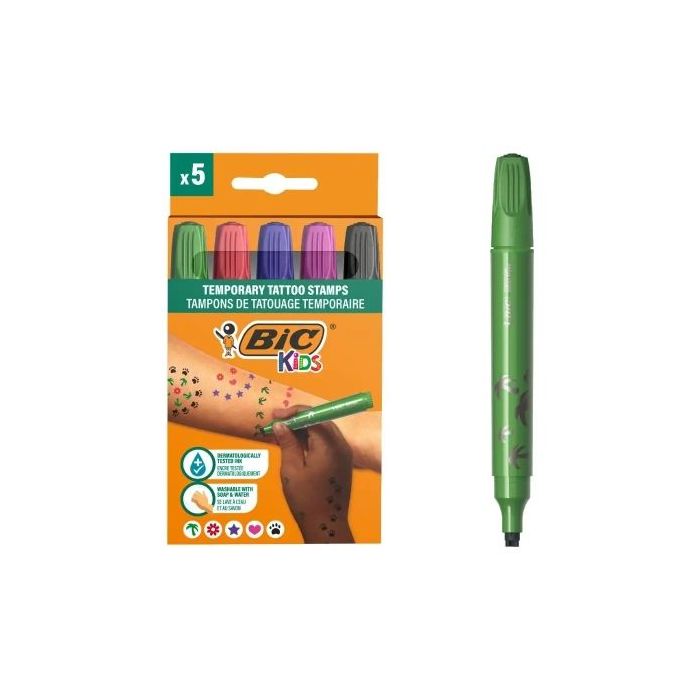 Bic Kids Pack de 5 Rotuladores de Sellos para Tatuajes Temporales - Tinta Dermatologicamente Testada y Sin Perfume - Colores Surtidos