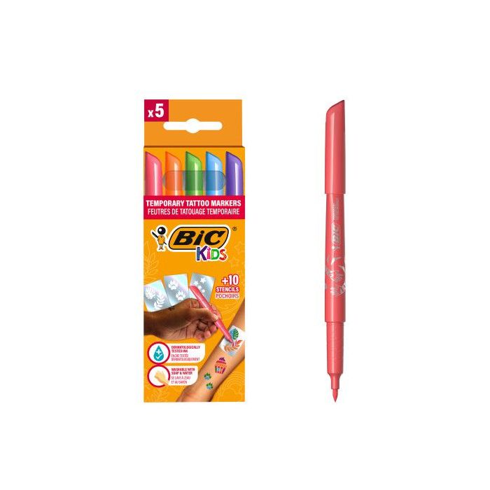 Bic Kids Tatuajes Pack de 5 Rotuladores + 10 Plantillas para Tatuajes Temporales - Tinta Dermatologicamente Testada y Sin Perfume - Colores Surtidos