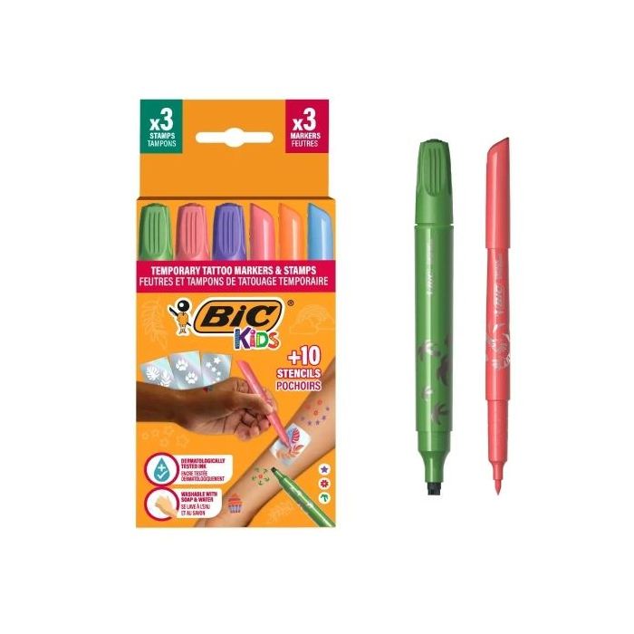 Bic Kids Tatuajes Temporales Pack de 3 Sellos + 3 Rotuladores + 10 Plantillas - Tinta Dermatologicamente Testada y Sin Perfume - Colores Surtidos