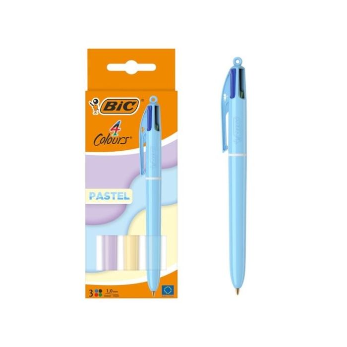 Bic 4 Colours Pastel Pack de 3 Boligrafos de Bola Retractil - Punta Media de 1.0mm - Tinta con Base de Aceite - Cuerpo en Colores Pastel - 4 Colores