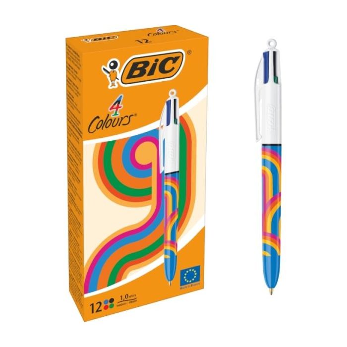 Bic 4 Colours Decors Lines Boligrafo de Bola Retractil - Punta Media de 1.0mm - Tinta con Base de Aceite - 4 Colores