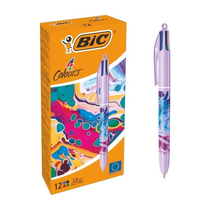 Bic 4 Colours Decors Hydro Boligrafo de Bola Retractil - Punta Media de 1.0mm - Tinta con Base de Aceite - 4 Colores