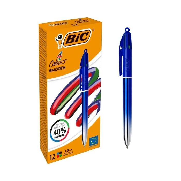 Bic 4 Colours Smooth Gradient Azul Boligrafo de Bola Retractil - Punta Media de 1.0mm - Escritura un 40% mas Suave - 4 Colores