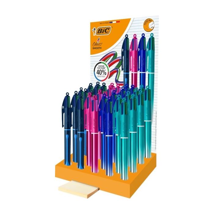 Bic 4 Colours Smooth Gradient y Drop Expositor de 36 Boligrafos de Bola Retractil - Punta Media de 1.0mm - Escritura un 40% mas Suave - 4 Colores