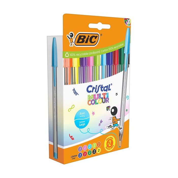 Bic Cristal Multicolour Pack de 20 Boligrafos de Bola - Punta 1.6mm - Trazo 0.42mm - Tinta con Base de Aceite - Colores Surtidos