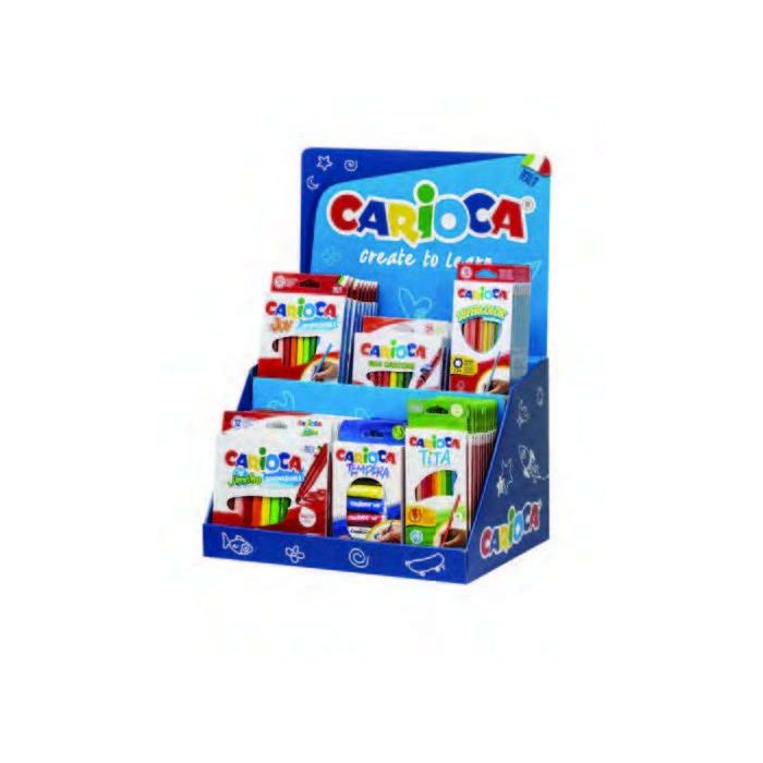 Carioca Expositor Core Incluye 8 Joy Box 12uds, 12 Supercolor Pencils Box 12uds, 6 Tempera Tubes 12ml x 5uds, 6 Jumbo Box 12uds, 12 Tita Box 12uds, 4 Maxi Wax Crayons 24uds