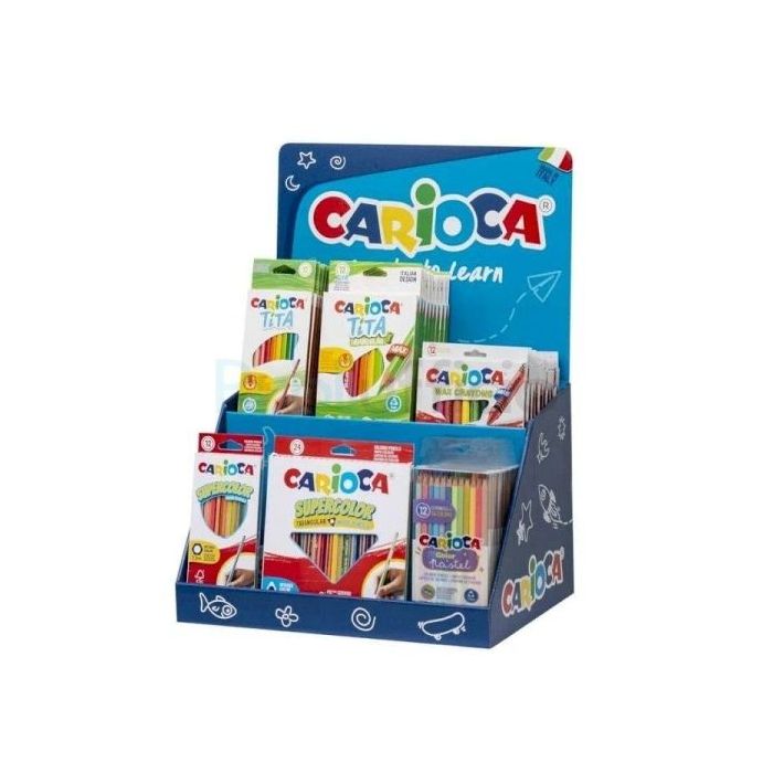Carioca Expositor Lapices de Colores Incluye 12 Tita Box 12uds, 12 Tita Triangular Box 24uds, 4 Maxi Wax Crayons 24uds, 12 Pastel Bicolor Pencil Box 12uds, 12 Supercolor Pencils Box 12uds, 12 Supercolor Triangular Pencils Box 24uds