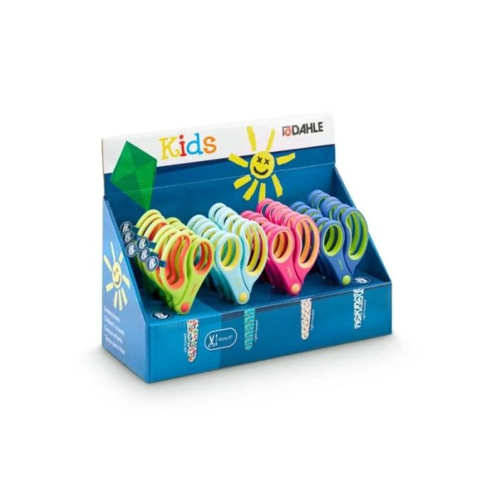 Dahle 54683 Kids Expositor de 24 Tijeras Infantiles 13cm - Puntas Redondeadas - Acero Inoxidable - Mangos Ergonomicos Recubiertos de Goma - Colores Surtidos