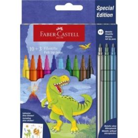 Faber-Castell Edicion Dinosaurios Pack de 13 Rotuladores de Colores - 10 Colores Clasicos + 3 Colores Metalizados - Incluye Pegatinas de Dinosaurios - Tinta a Base de Agua - Colores Surtidos