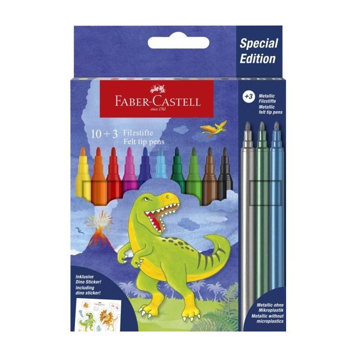 Faber-Castell Edicion Dinosaurios Pack de 13 Rotuladores de Colores - 10 Colores Clasicos + 3 Colores Metalizados - Incluye Pegatinas de Dinosaurios - Tinta a Base de Agua - Colores Surtidos