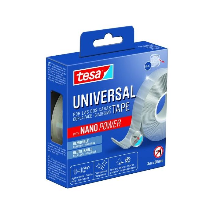 Tesa Cinta Universal de Doble Cara con Nano Power 30mm x 3 Metros - Soporta Cargas Pesadas - Puede Retirarse sin Dejar Residuos - Reutilizable - Para Interiores y Exteriores - Transparente