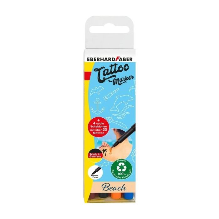 Eberhard Faber Tattoo Marker Beach Pack de 4 Rotuladores para Tatuajes Temporales + 4 Plantillas con mas de 20 Motivos - Secado 5min - Permanencia 60h - Colores Naranja, Marron, Azul y Negro