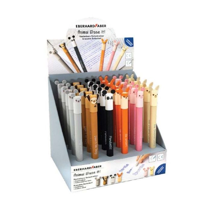 Eberhard Faber Animal Erase It! Expositor con 36 Boligrafos Borrables Tinta Gel Azul - Trazo 0.7mm - Capuchon con Formas de Animales - Tacto Soft