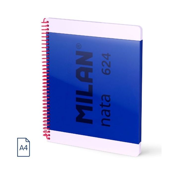 Milan Nata 624 Cuaderno Espiral Formato A4 Liso - 80 Hojas de 95 gr/m2 - Microperforado, 4 Taladros - Color Azul