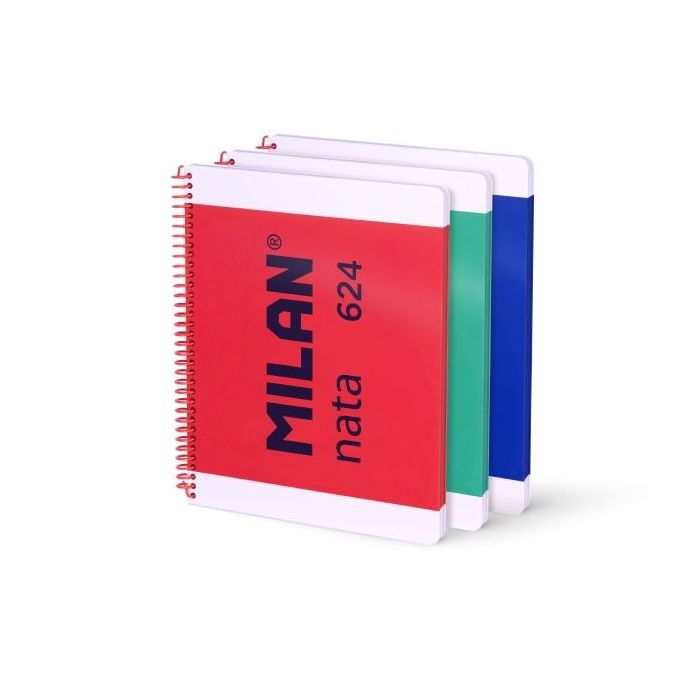 Milan Nata 624 Pack de 3 Cuadernos Espiral Formato A4 Pautado 7mm - 80 Hojas de 95 gr/m2 - Microperforado, 4 Taladros - Colores Surtidos