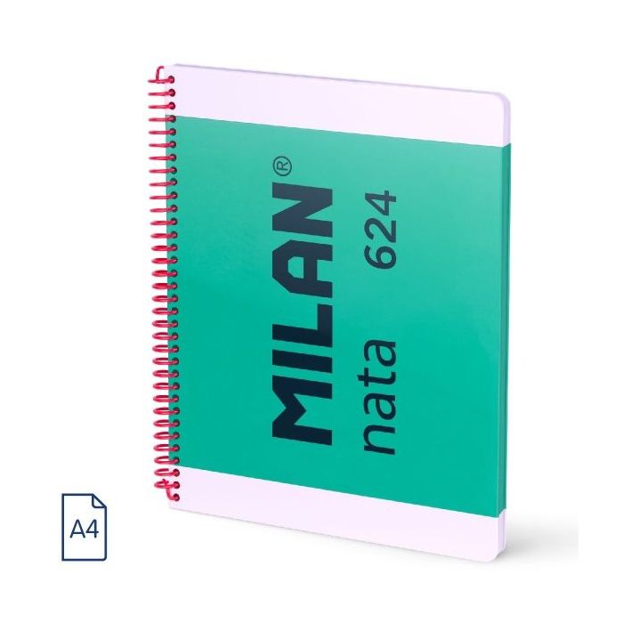Milan Nata 624 Cuaderno Espiral Formato A4 Cuadricula 5x5mm - 80 Hojas de 95 gr/m2 - Microperforado, 4 Taladros - Color Verde