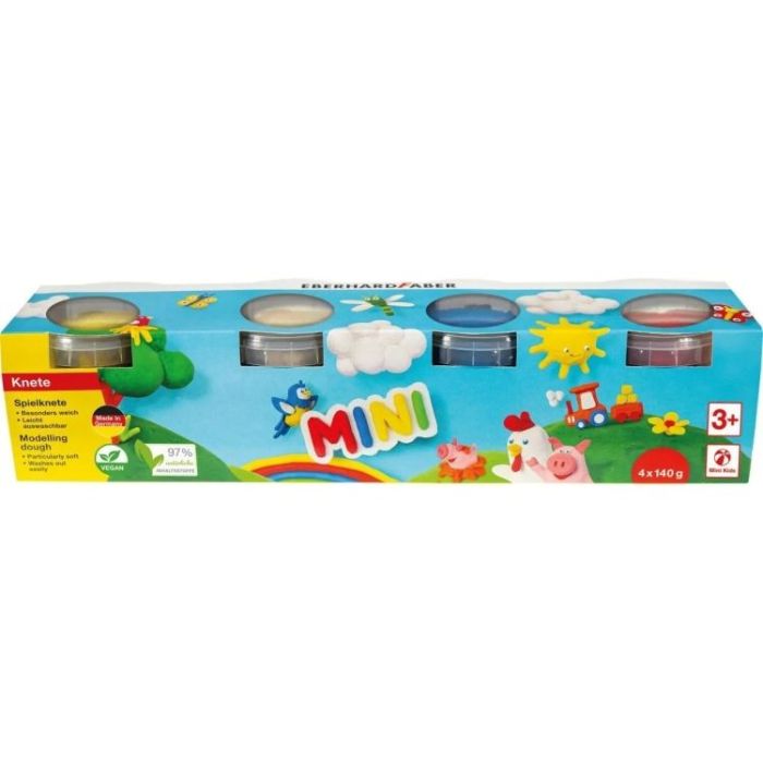 Eberhard Faber Mini Kids Pack con 4 Botes 140gr de Pasta de Modelar - 97% Ingredientes Naturales - Colores Blanco, Amarillo, Rojo y Azul