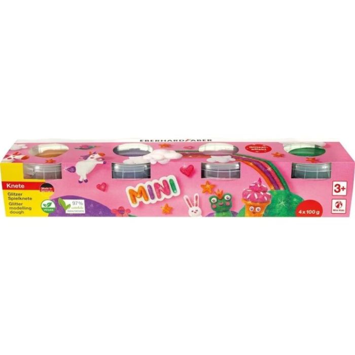 Eberhard Faber Mini Kids Pack con 4 Botes 100gr de Pasta de Modelar - 97% Ingredientes Naturales - Colores Brillantes Naranja, Morado, Rosa y Verde