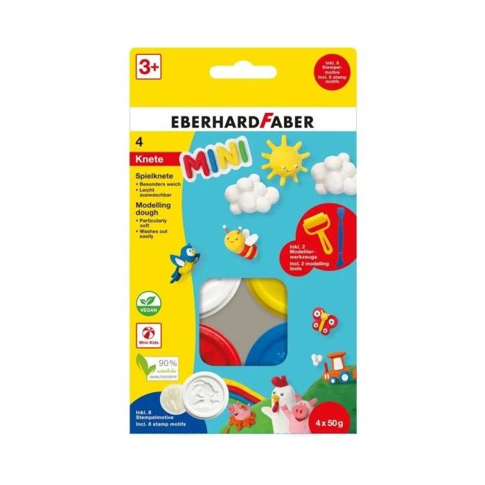 Eberhard Faber Mini Kids Pack con 4 Botes 50gr de Pasta de Modelar + 2 Herramientas - 90% Ingredientes Naturales - Facil de Lavar - Colores Blanco, Amarillo, Rojo y Azul