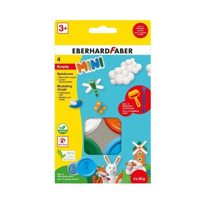 Eberhard Faber Mini Kids Pack con 4 Botes 50gr de Pasta de Modelar + 2 Herramientas - 90% Ingredientes Naturales - Facil de Lavar - Colores Blanco, Naranja, Verde y Azul